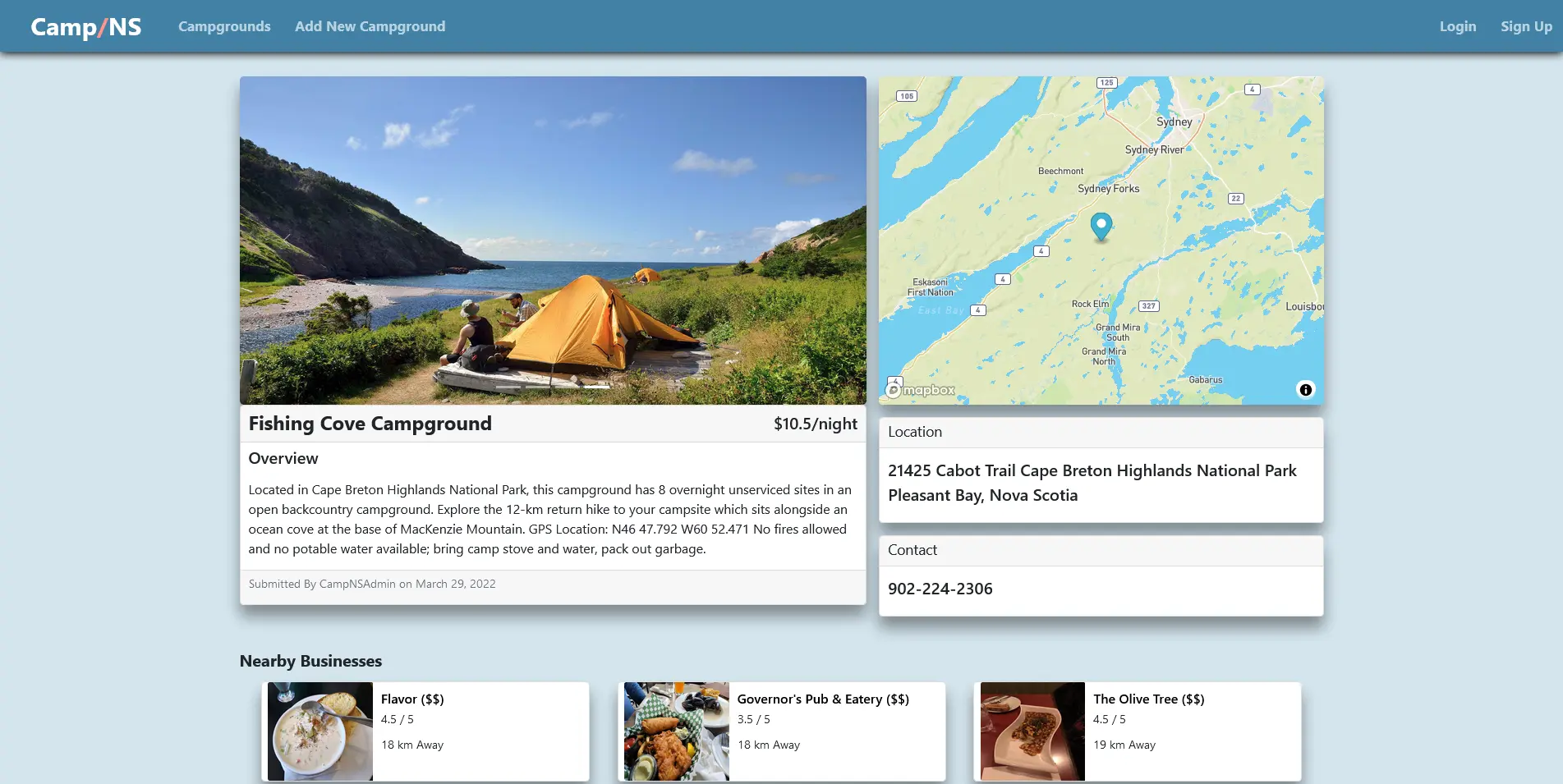 CampNS Website Screenshot of Campground Information