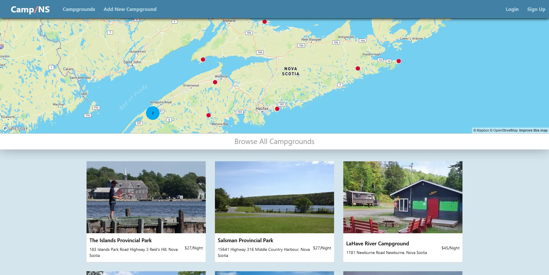 CampNS Website Screenshot of a Map For Searching Campgrounds