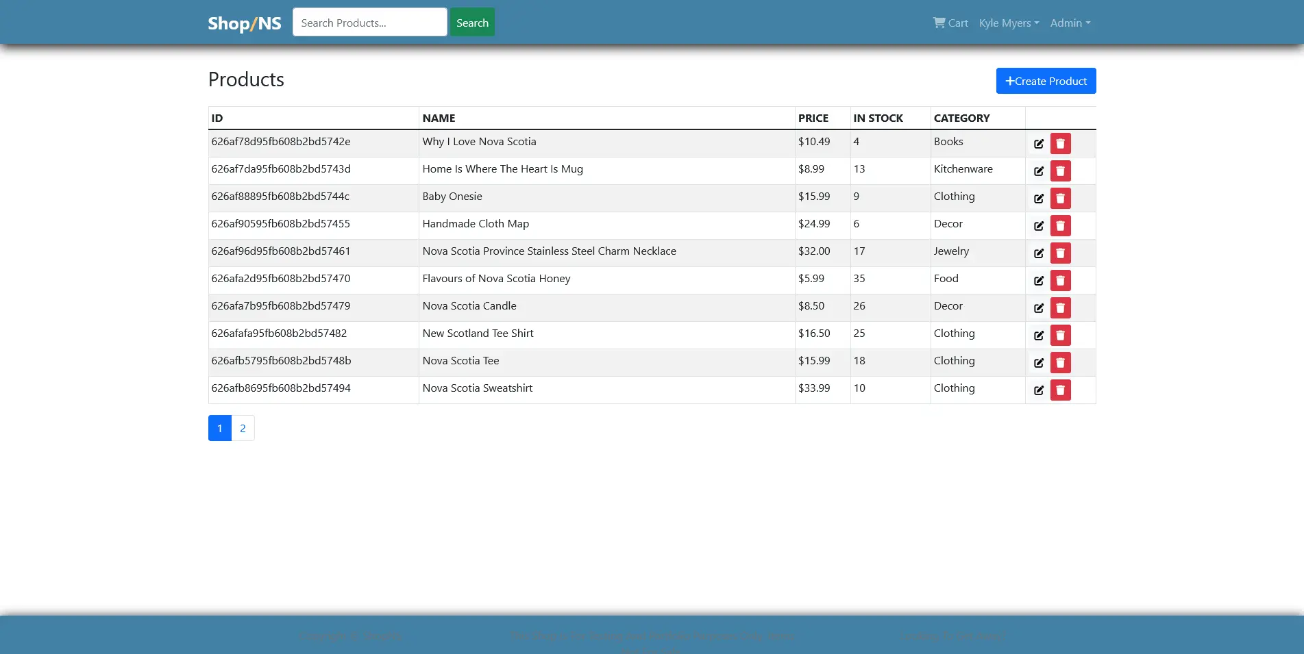 ShopNS Website Screenshot of Admin Page