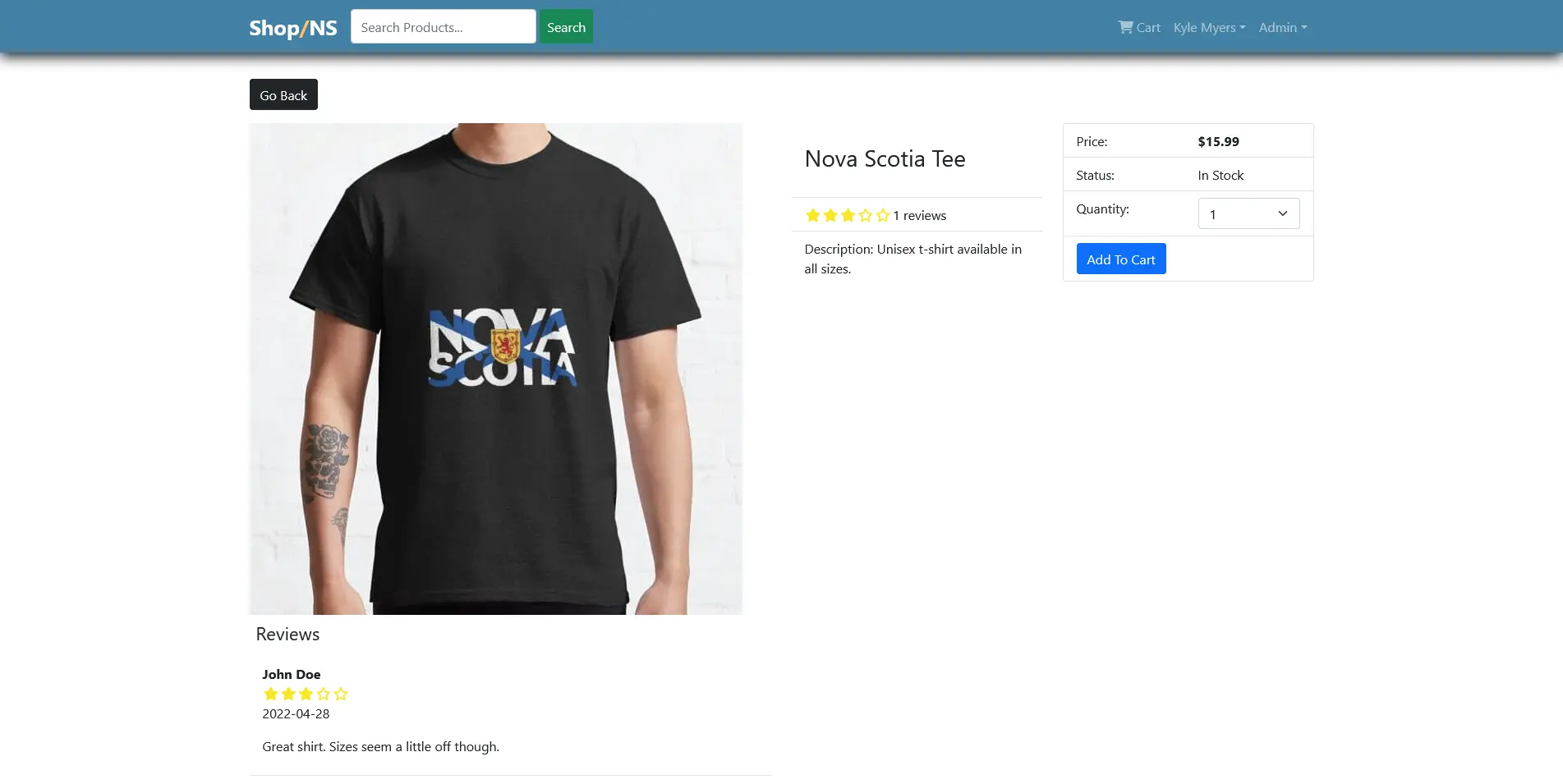 ShopNS Website Screenshot of Product Page